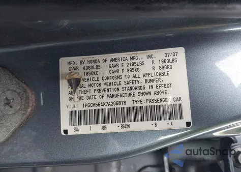 2007 Honda Accord 2.4 Lx from USA, damaged, VIN 1HGCM564X7A206876